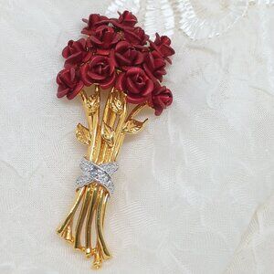 Danbury Mint 'A Dozen Roses' Red Bouquet Pin with a Center Diamond.